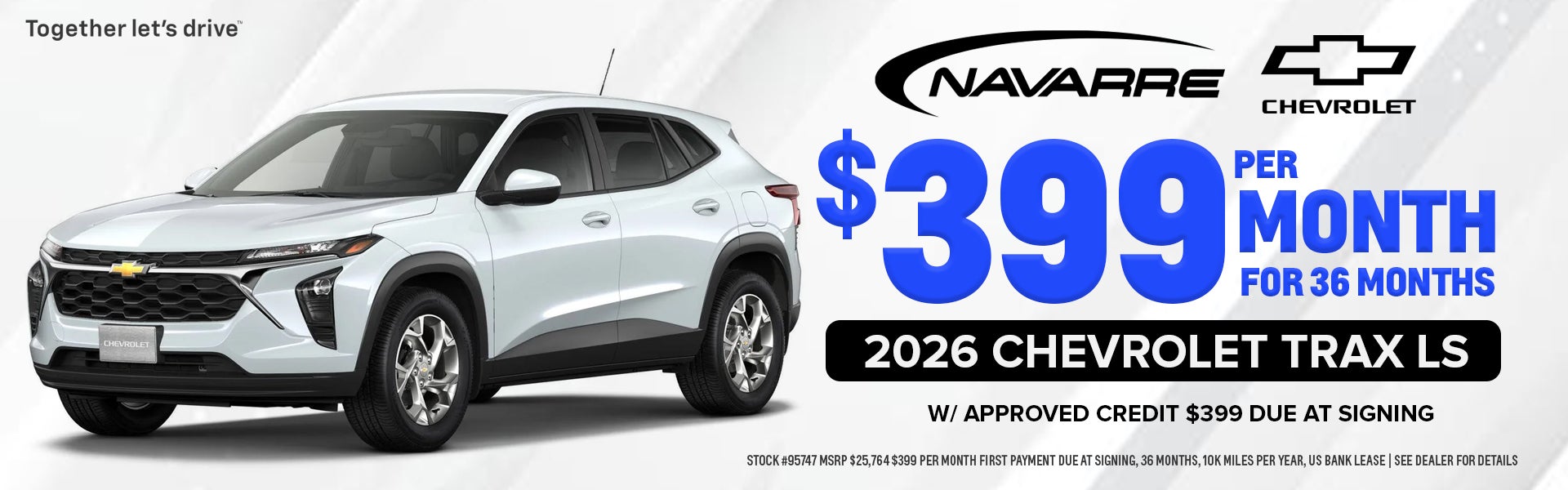 $399 per mo for 36 mo on 2026 Chevy Trax LS models